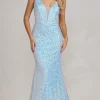 Corset-Back Deep V-Neck Long Sequin Prom Dress