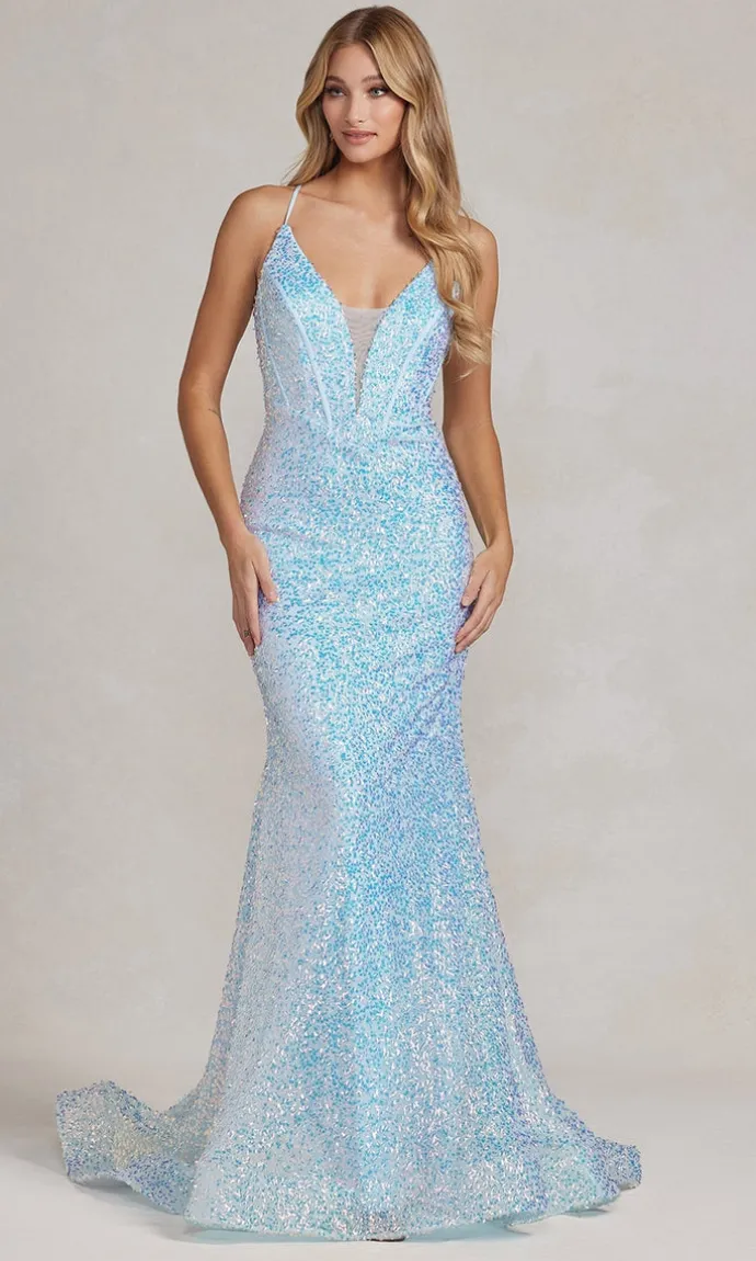 Corset-Back Deep V-Neck Long Sequin Prom Dress