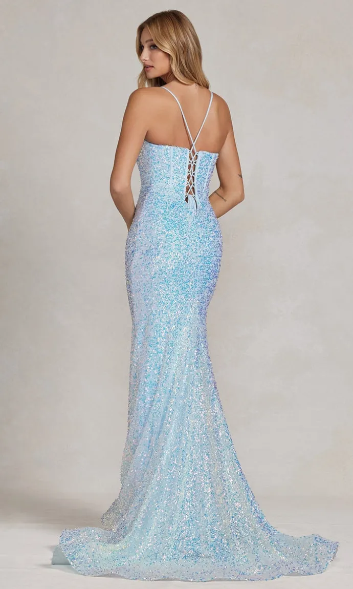 Corset-Back Deep V-Neck Long Sequin Prom Dress