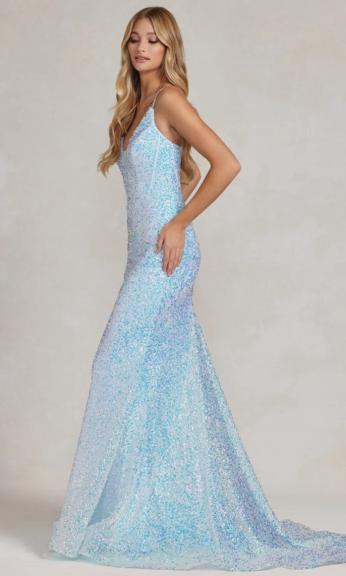 Corset-Back Deep V-Neck Long Sequin Prom Dress