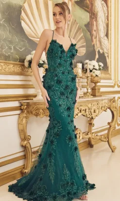 3D Floral Emerald Green Long Formal Gown C1098