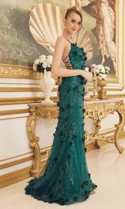 3D Floral Emerald Green Long Formal Gown C1098