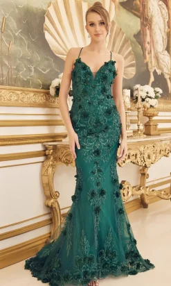 3D Floral Emerald Green Long Formal Gown C1098