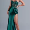 Dark Green Sheer-Bodice Long Satin Gown PK3005