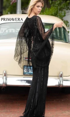 Dramatic Long-Sleeve Beaded Long Evening Gown 3672