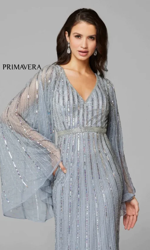 Dramatic Long-Sleeve Beaded Long Evening Gown 3672
