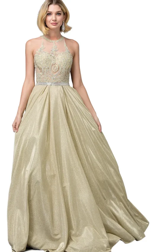 Embellished-Bodice Long Glitter-Knit Prom Dress