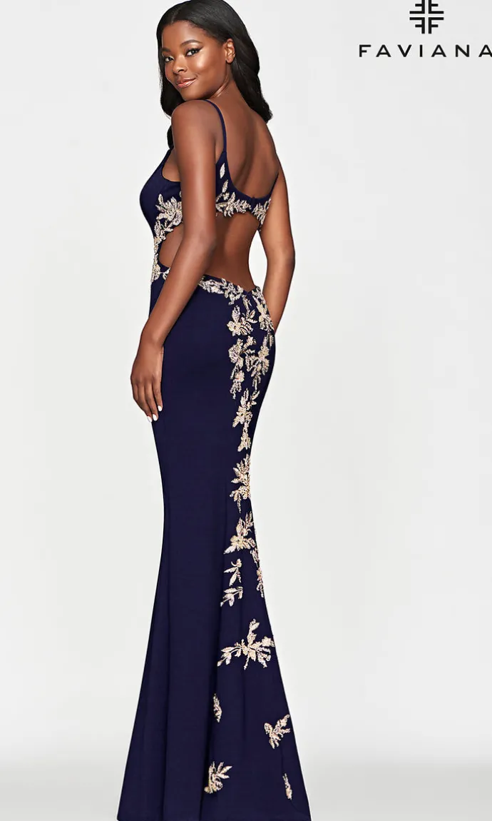 Faviana Gold-Beaded Navy Blue Long Prom Dress