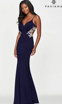 Faviana Gold-Beaded Navy Blue Long Prom Dress