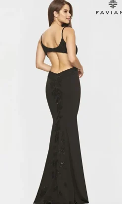 Faviana Gold-Beaded Navy Blue Long Prom Dress