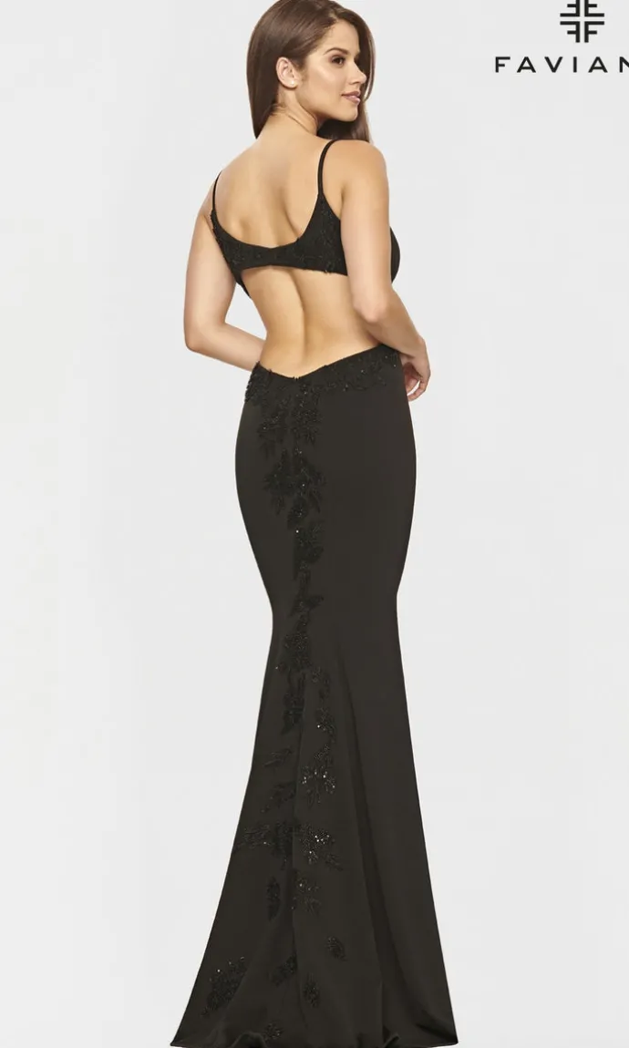 Faviana Gold-Beaded Navy Blue Long Prom Dress