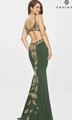 Faviana Gold-Beaded Navy Blue Long Prom Dress