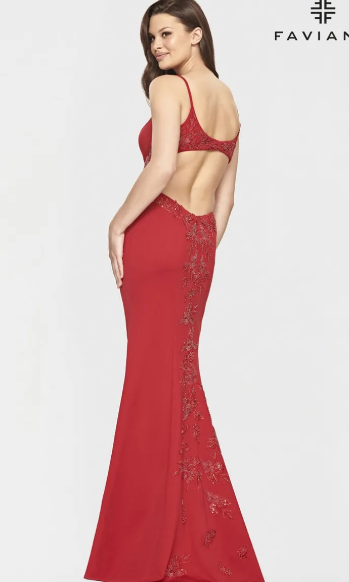 Faviana Gold-Beaded Navy Blue Long Prom Dress