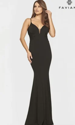 Faviana Gold-Beaded Navy Blue Long Prom Dress