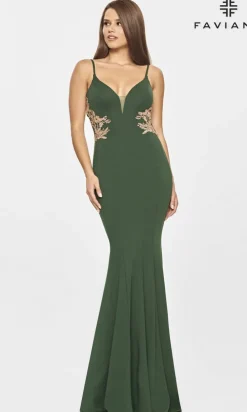 Faviana Gold-Beaded Navy Blue Long Prom Dress