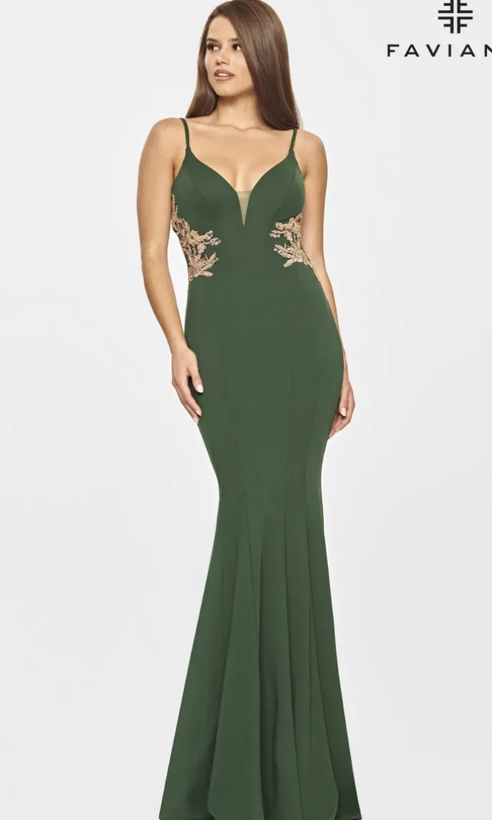 Faviana Gold-Beaded Navy Blue Long Prom Dress