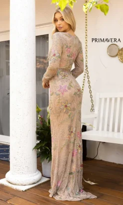 Floral-Beaded Long Sleeve Evening Gown 12007
