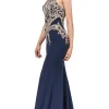 High-Neck Long Formal Dresses with Gold Details