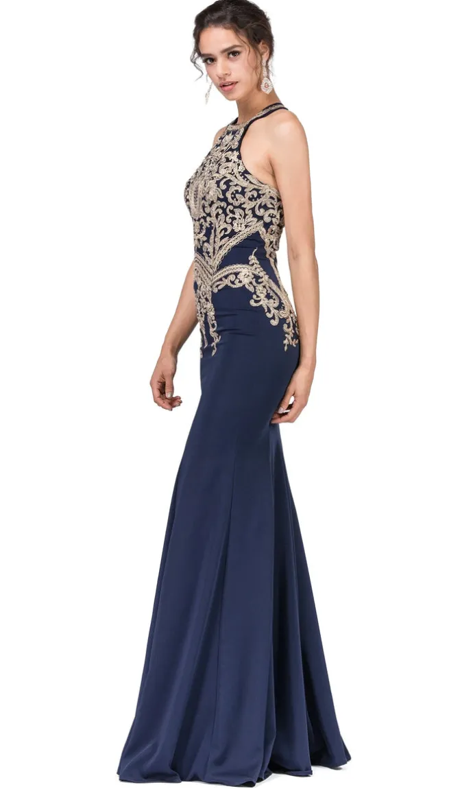 High-Neck Long Formal Dresses with Gold Details