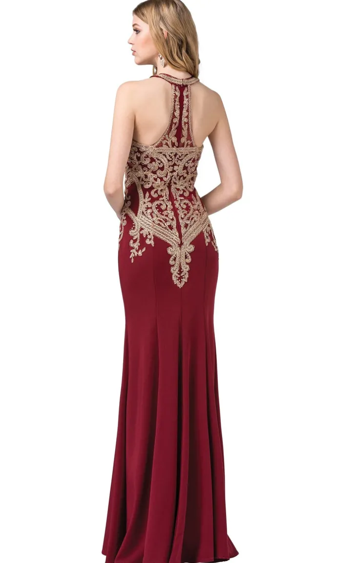 High-Neck Long Formal Dresses with Gold Details