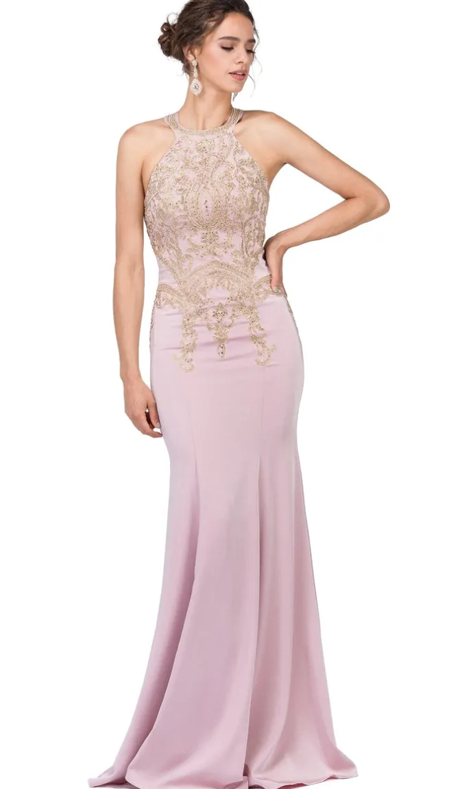 High-Neck Long Formal Dresses with Gold Details