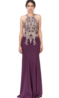 High-Neck Long Formal Dresses with Gold Details