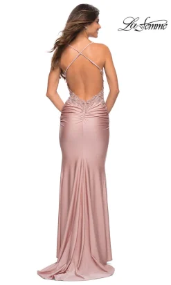 La Femme Long Jersey Prom Dress with Beaded Lace
