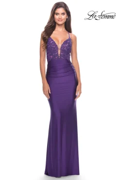 La Femme Long Prom Dress with Sheer Corset Bodice