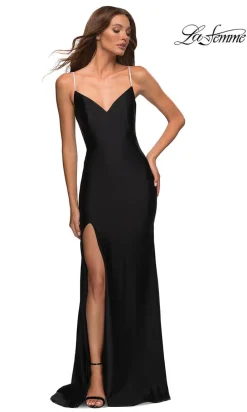 La Femme Simple Long Prom Dress with Beaded Straps