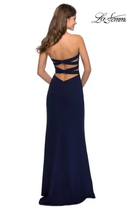 La Femme Strapless Faux-Wrap Long Formal Dress