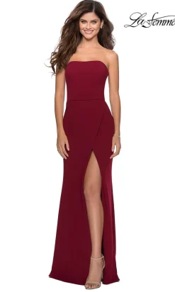 La Femme Strapless Faux-Wrap Long Formal Dress