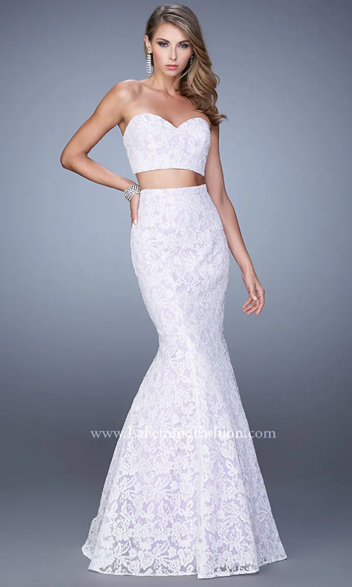 La Femme Two-Piece Long Lace Prom Dress