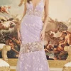 Lilac Floral Sheer-Bodice Long Formal Dress C1195