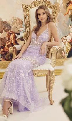 Lilac Floral Sheer-Bodice Long Formal Dress C1195