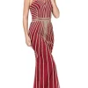 Long Formal Evening Dress with Gold Beaded Stipes