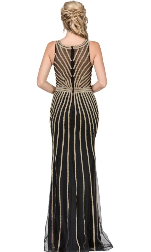 Long Formal Evening Dress with Gold Beaded Stipes