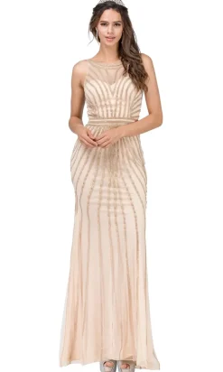 Long Formal Evening Dress with Gold Beaded Stipes