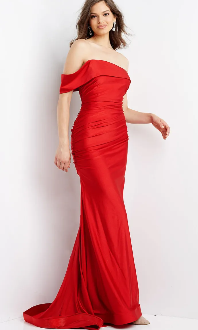 Long Jovani Off-the-Shoulder Red Prom Dress