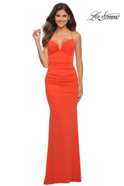 Long La Femme Prom Dress with Lace-Up Open Back