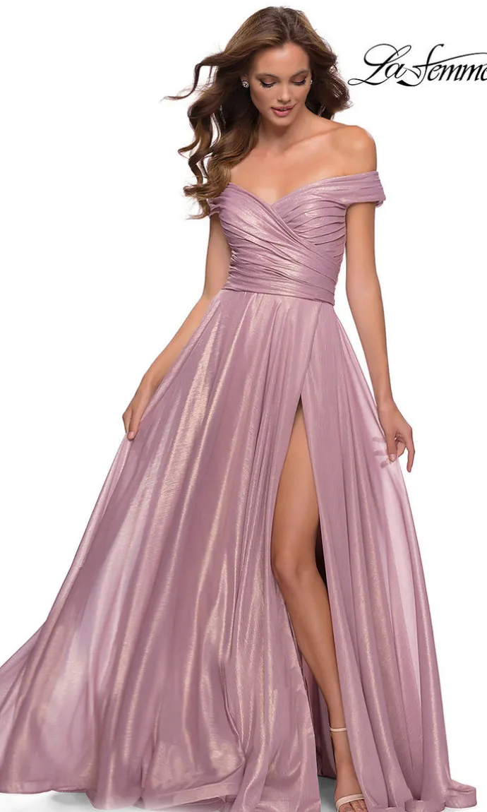 Long Pink Metallic A-Line La Femme Prom Dress