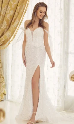 Long White Sequin Formal Dress with Bows