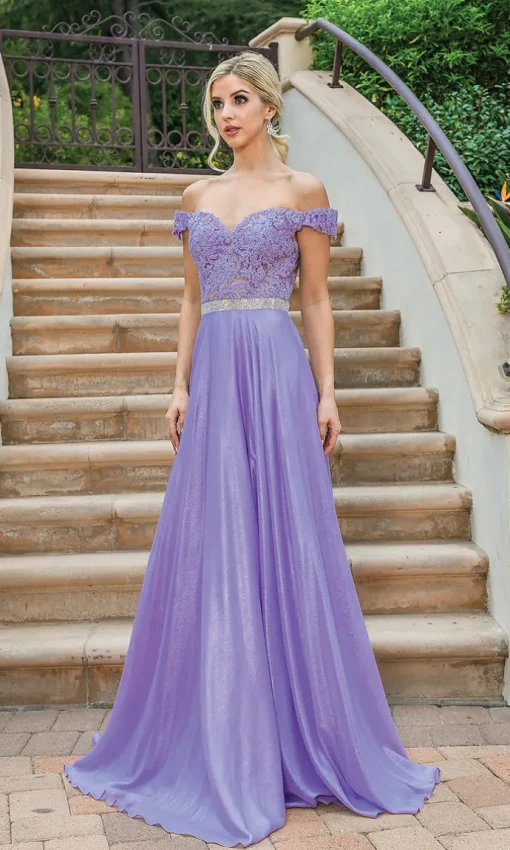 Off-the-Shoulder Long Metallic A-Line Prom Dress