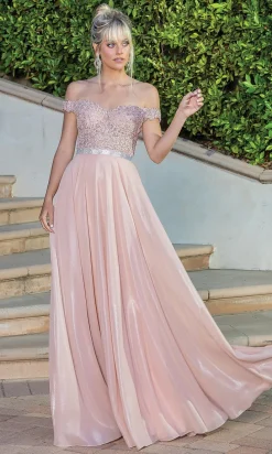 Off-the-Shoulder Long Metallic A-Line Prom Dress