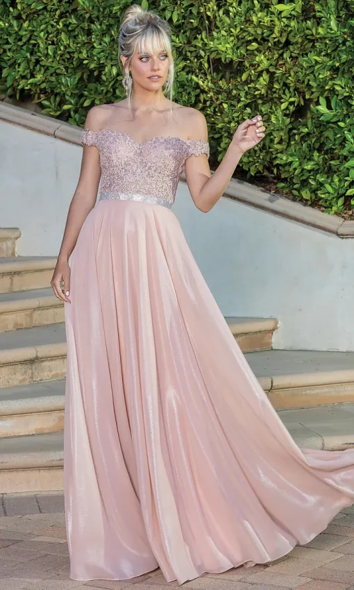 Off-the-Shoulder Long Metallic A-Line Prom Dress