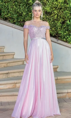 Off-the-Shoulder Long Metallic A-Line Prom Dress