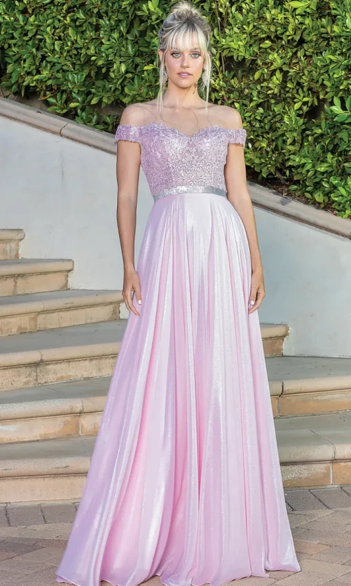 Off-the-Shoulder Long Metallic A-Line Prom Dress