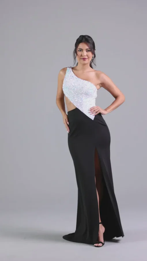 One-Shoulder Black and White Long Formal Dress