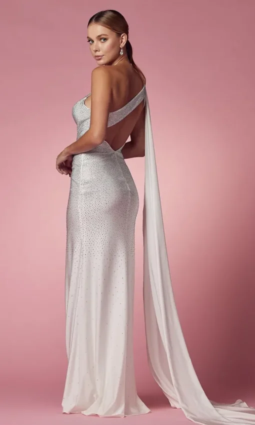One-Shoulder Caped Long White Beaded Formal Gown