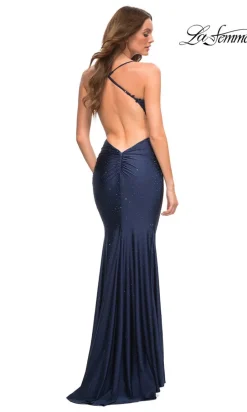 Open-Back Sheer-Waist Long La Femme Prom Dress