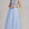 Periwinkle Sheer-Bodice Long A-Line Prom Dress